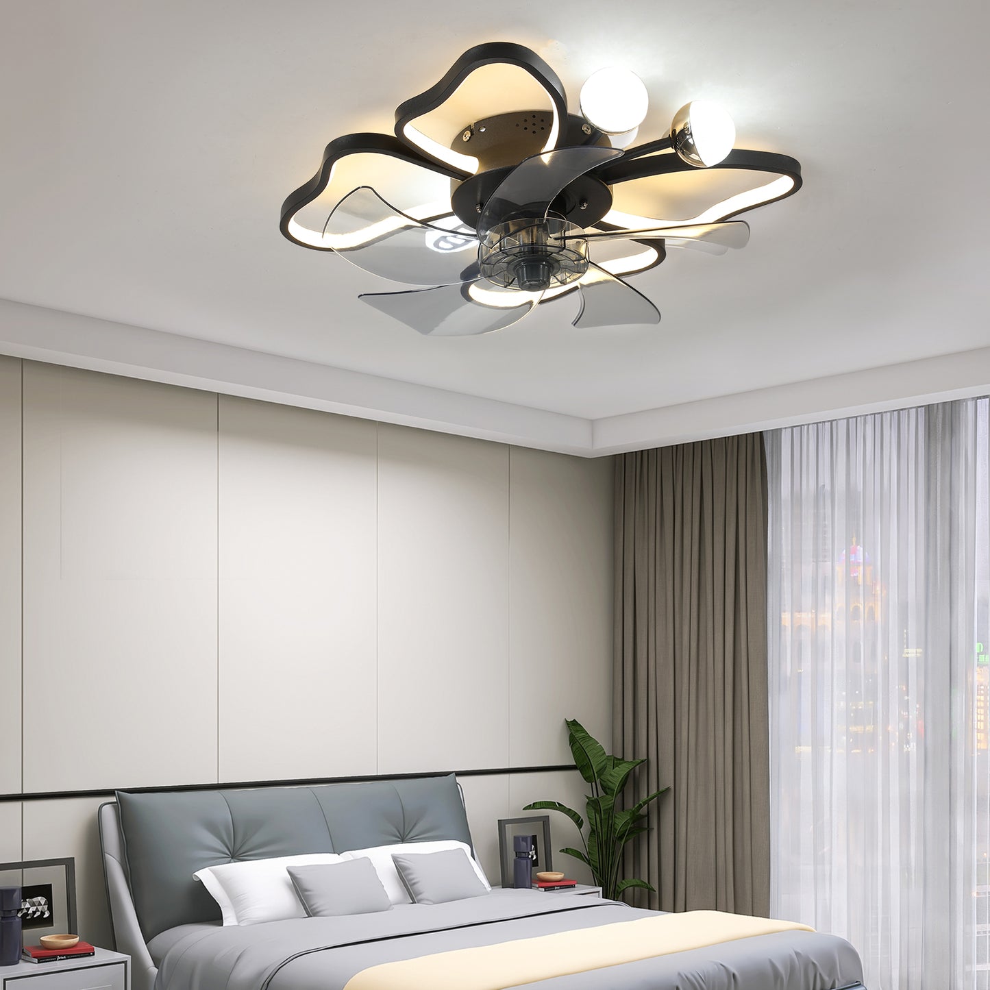Modern Black Flush Mount Ceiling Fan with Light & Remote