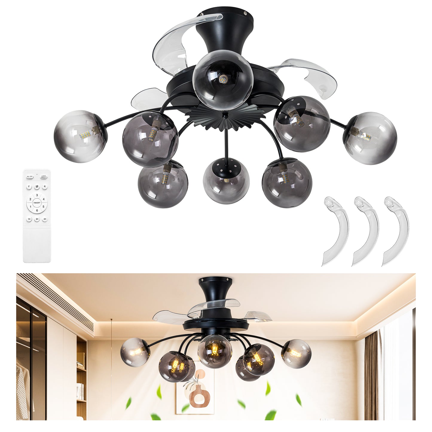 Modern Smoke Gray Glass Retractable Ceiling Fan with Lights, 8-Light Flush Mount Fan with Remote