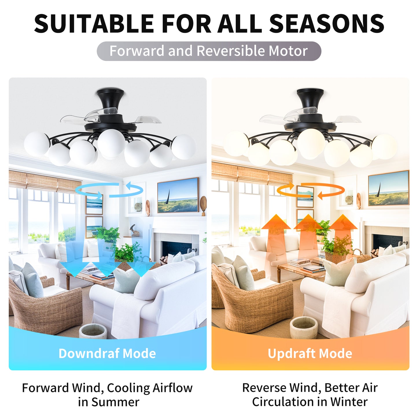 Modern 12-Light Black Globe Chandelier Fan with Remote