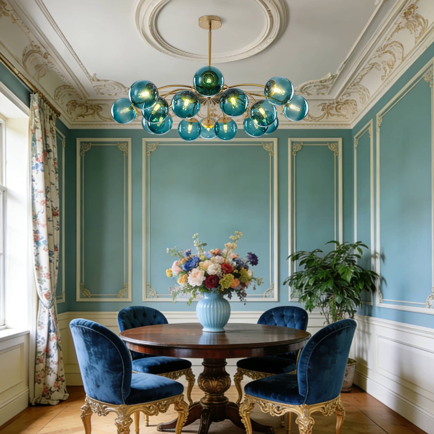 Mid-Century Brass Chandelier with 16 Teal Spheres in Formal Dining Area - LEDLIGHTHUB