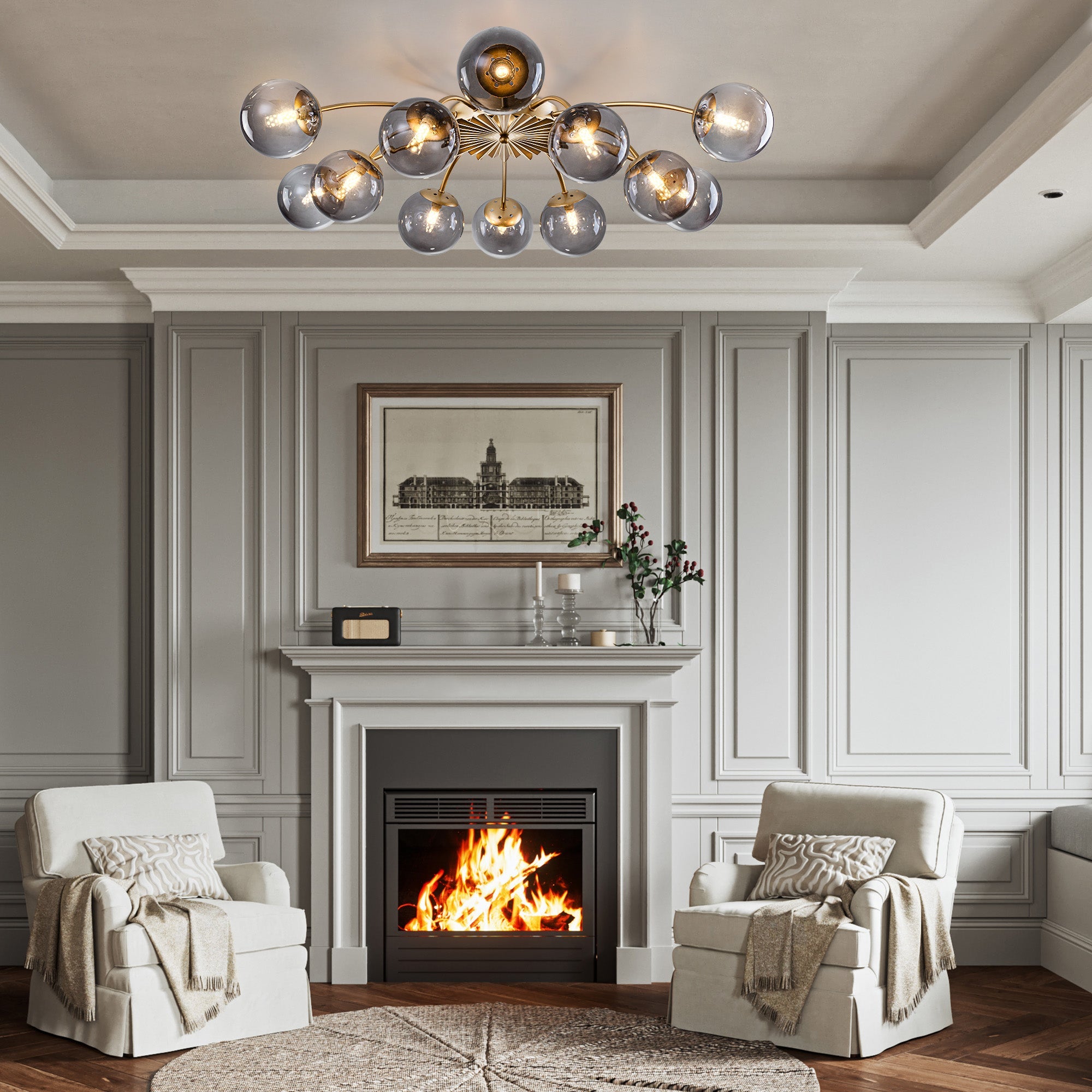 Close-up of Smoke Gray Glass Globes with Brass Finish - Artistic Ceiling Decor - LEDLIGHTHUB