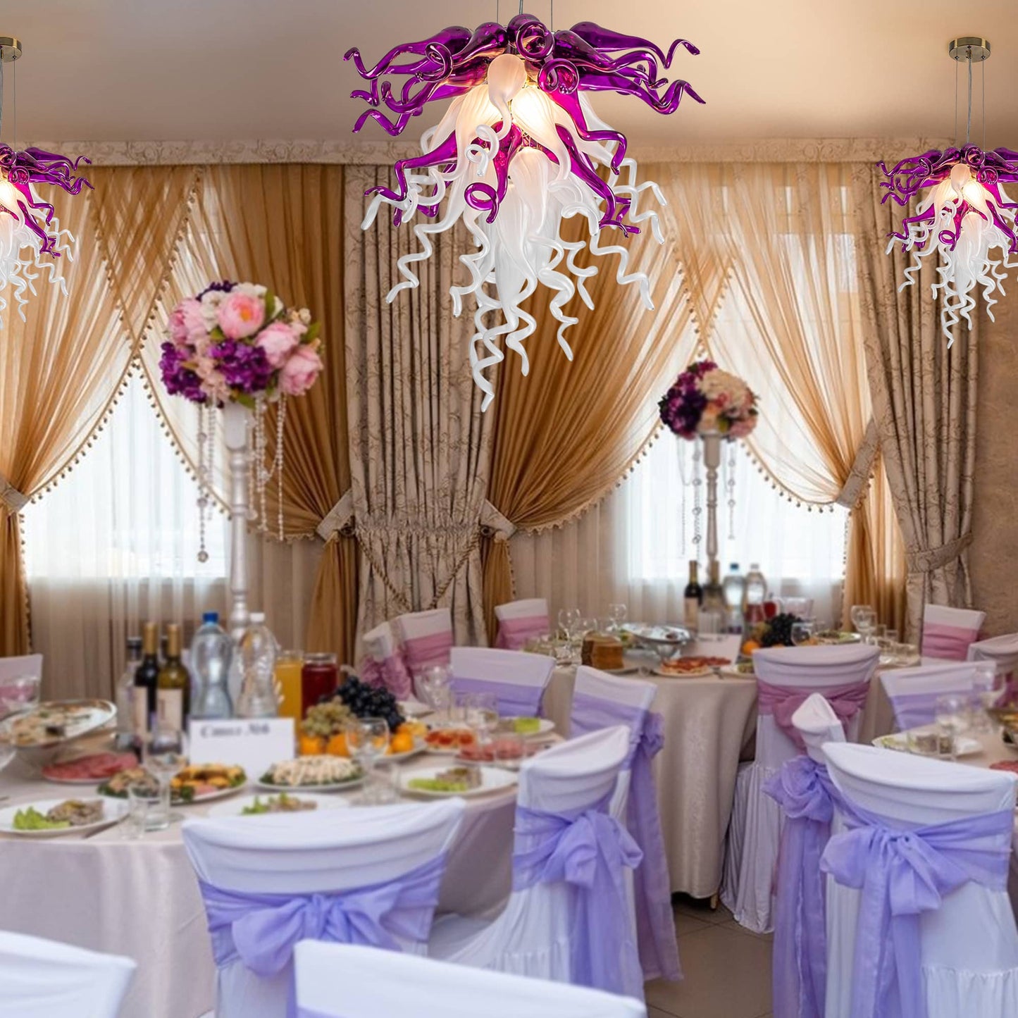 Handcrafted Amethyst & Pearl blown glass chandelier with LED lighting, adding sophistication to modern decor.