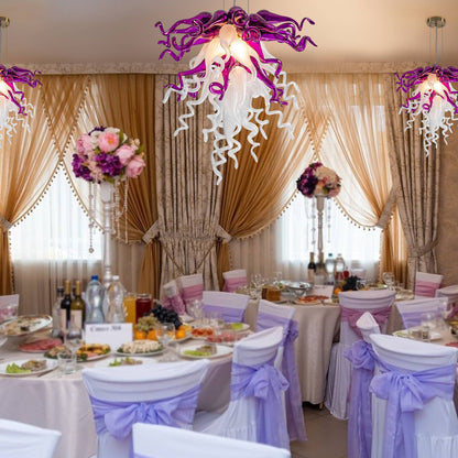 Handcrafted Amethyst & Pearl blown glass chandelier with LED lighting, adding sophistication to modern decor.