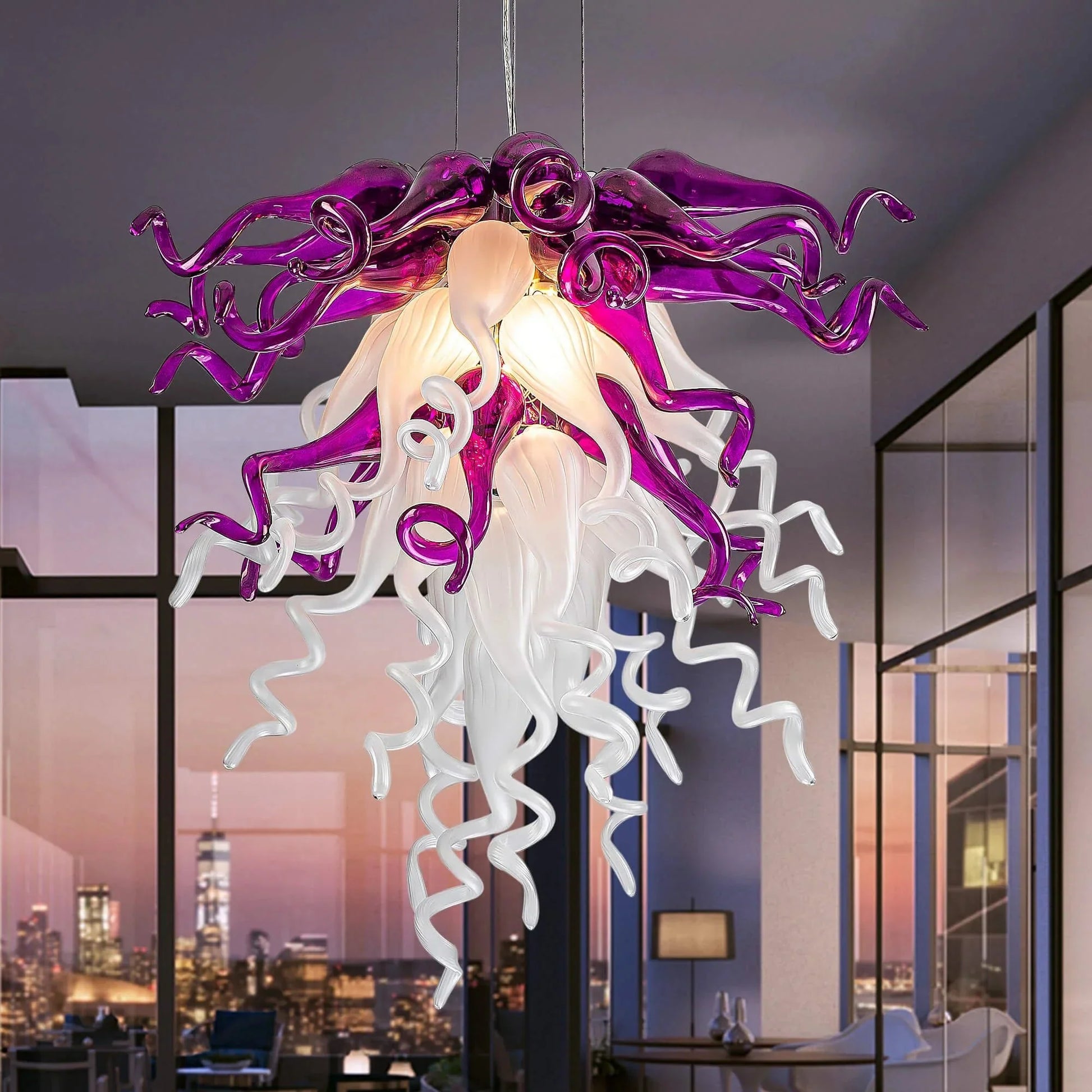 Modern Amethyst & Pearl blown glass chandelier with elegant design and LED lighting, perfect for luxury interiors.