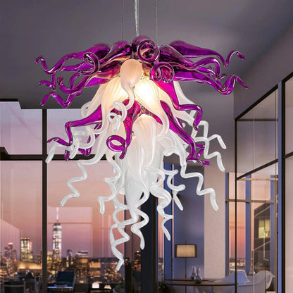 Modern Amethyst & Pearl blown glass chandelier with elegant design and LED lighting, perfect for luxury interiors.