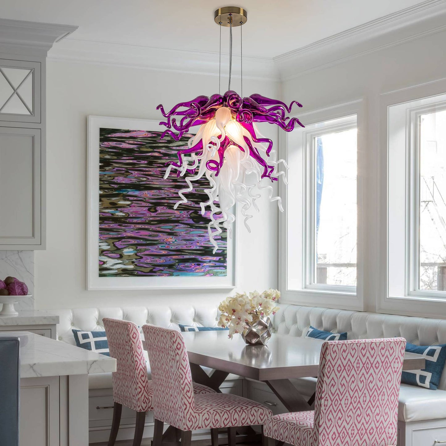 Elegant Amethyst & Pearl blown glass chandelier with sleek design and energy-efficient LED lighting.