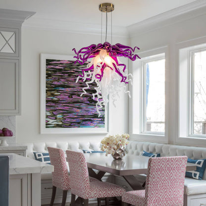 Elegant Amethyst & Pearl blown glass chandelier with sleek design and energy-efficient LED lighting.