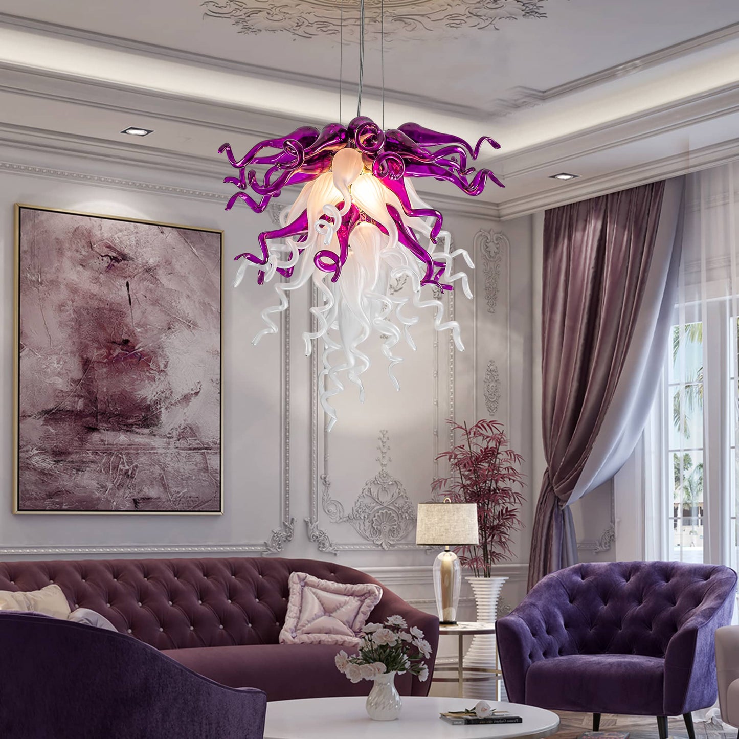 Luxury Amethyst & Pearl blown glass chandelier with LED lighting, ideal for contemporary, upscale spaces.