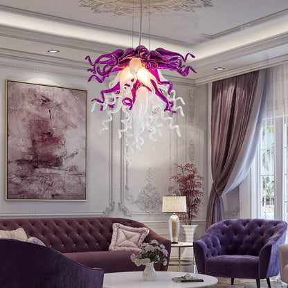 Luxury Amethyst & Pearl blown glass chandelier with LED lighting, ideal for contemporary, upscale spaces.