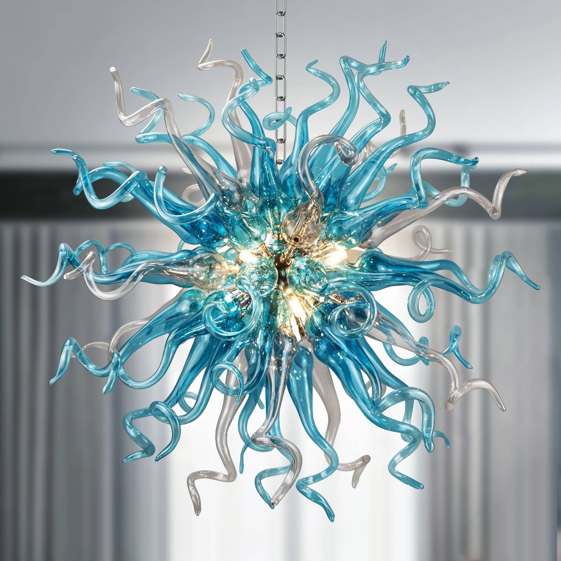 Modern Sputnik-style blown glass chandelier with energy-efficient LED lighting for contemporary homes.