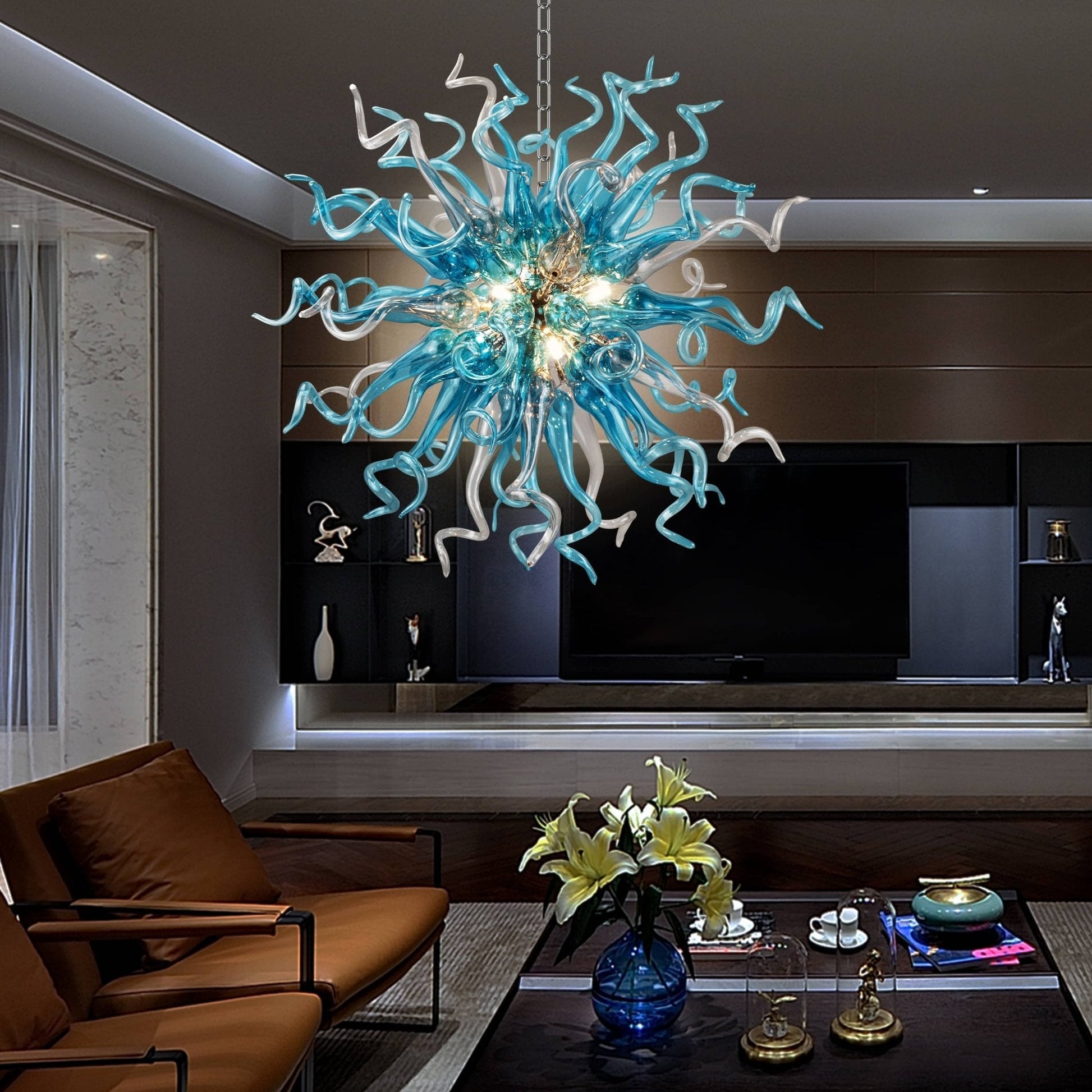 Handcrafted blown glass Sputnik chandelier with a bold design, perfect for modern dining rooms.