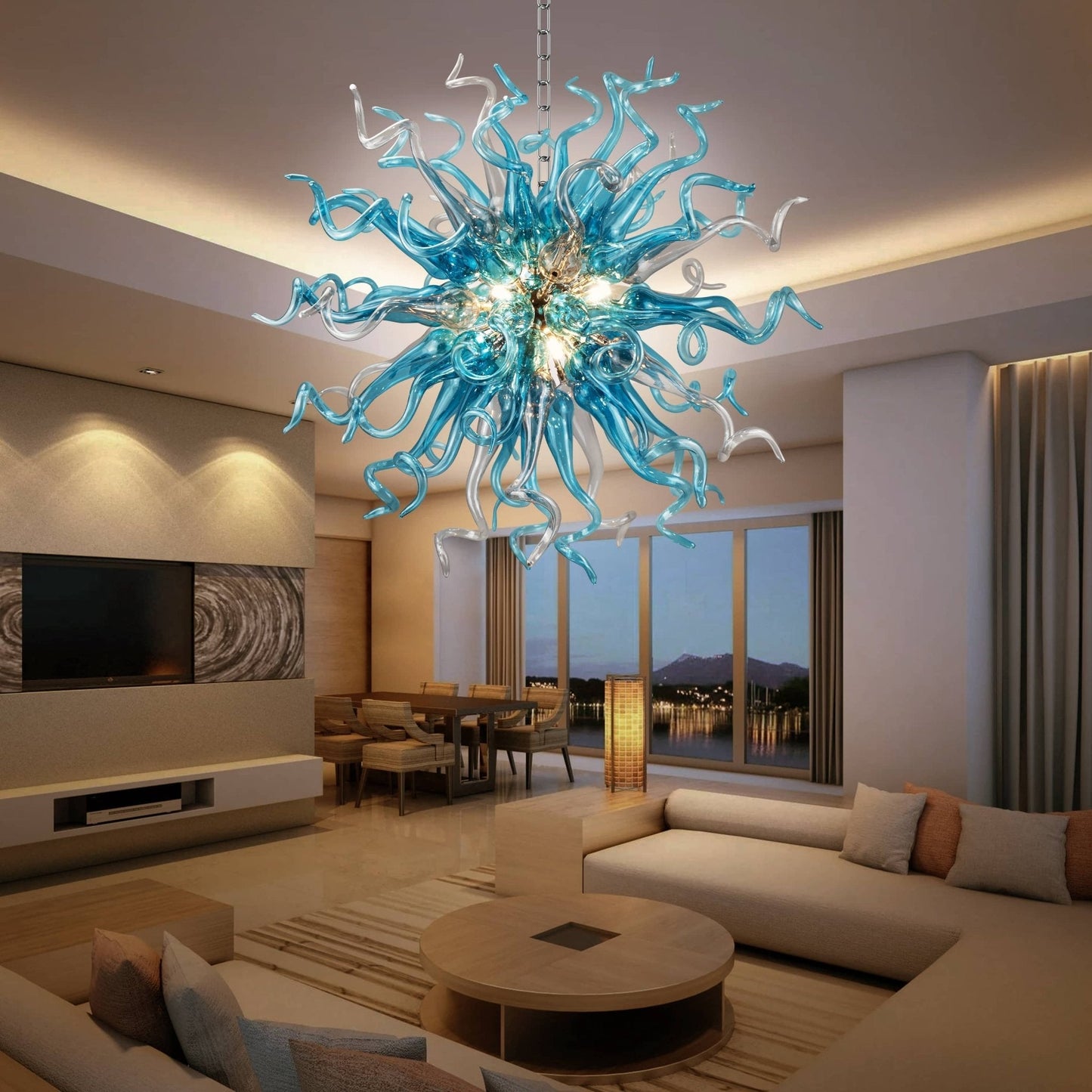 Sleek Sputnik-shaped chandelier with blown glass arms and customizable LED lighting options.