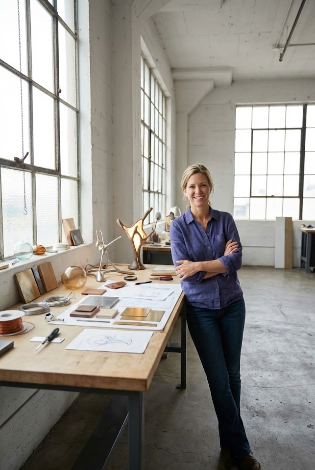 female lighting designer in studio workspace