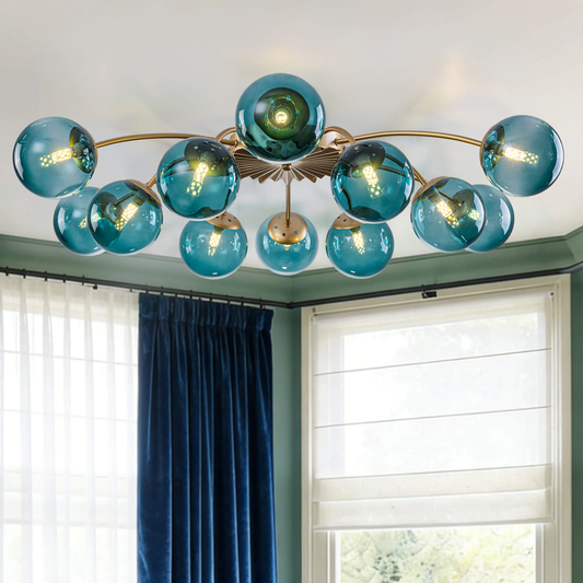 Modern Teal Bubble Globe Semi-Flush Mount Ceiling Light Brass Finish