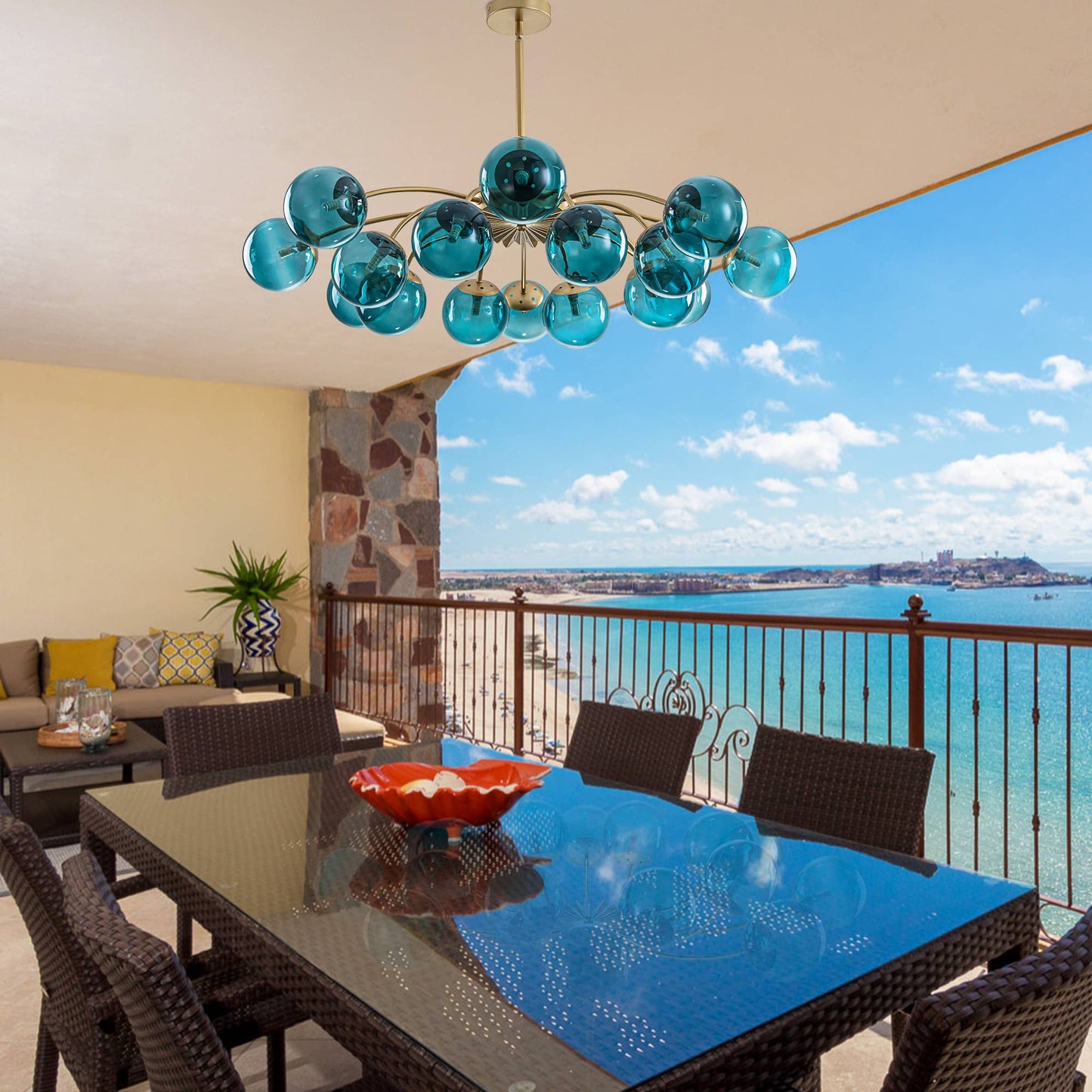 Weather-Resistant Style Teal Glass Chandelier for Covered Outdoor Patio - LEDLIGHTHUB