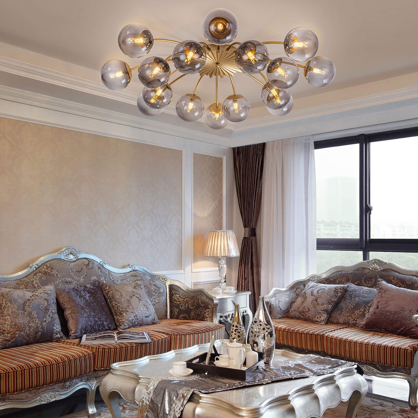 Elegant Smoke Gray Semi-Flush Mount Light for Luxury Traditional Living Room with Ornate Furniture - LEDLIGHTHUB