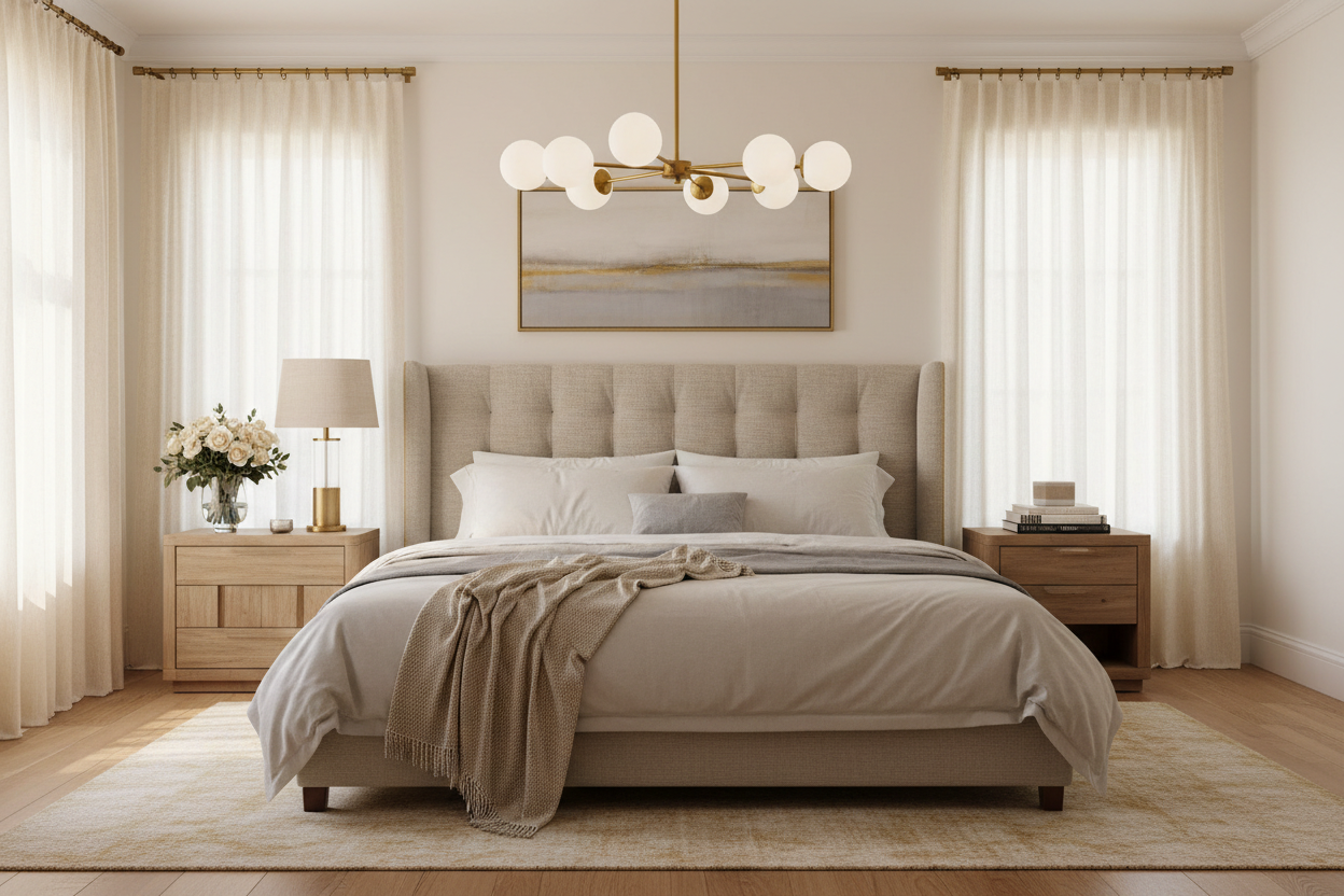 Luxury modern gold chandelier with frosted glass bubble globes in elegant bedroom - sophisticated ambient lighting for serene master bedroom