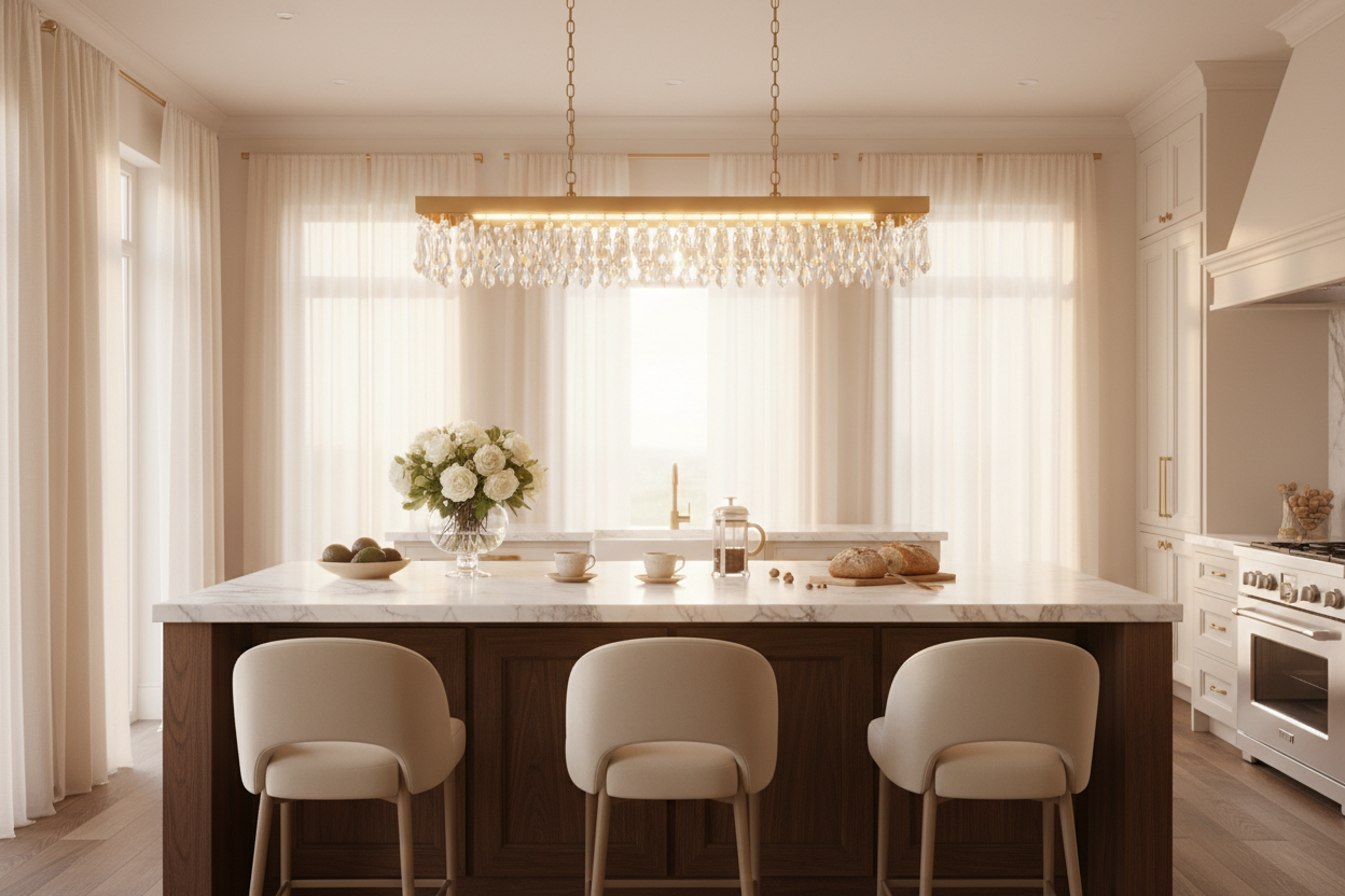 Luxury matte gold rectangular chandelier with crystal pendants above elegant kitchen island - warm ambient lighting for modern luxury kitchens