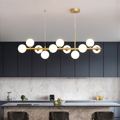 Linear Brass Chandelier with Milky White Globes over Modern Kitchen Island - LEDLIGHTHUB