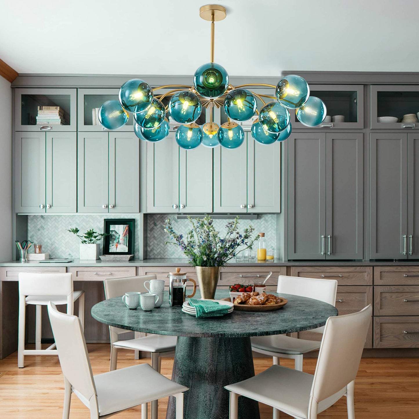 Minimalist Nordic Teal Chandelier for Grey and White Kitchen Themes - LEDLIGHTHUB