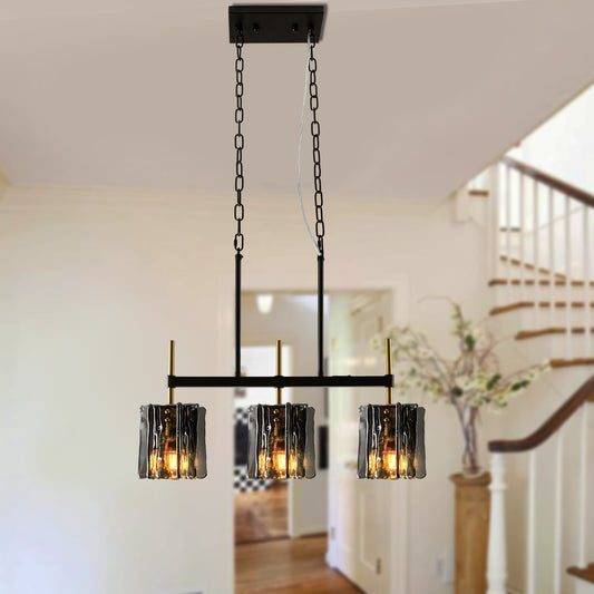 Modern 3-Light Kitchen Island Pendant Light with Smoke Gray Textured Glass, Black and Brass Linear Chandelier