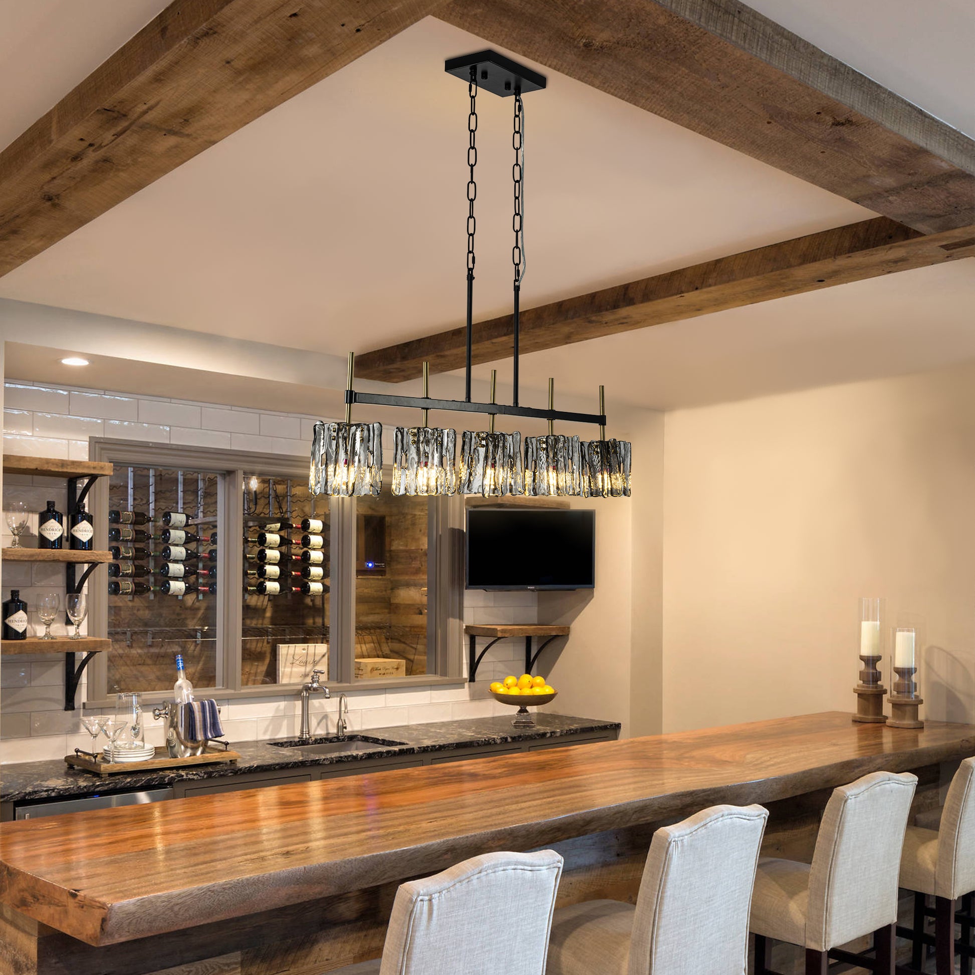 Rustic Wooden Dining Room Linear Pendant Light