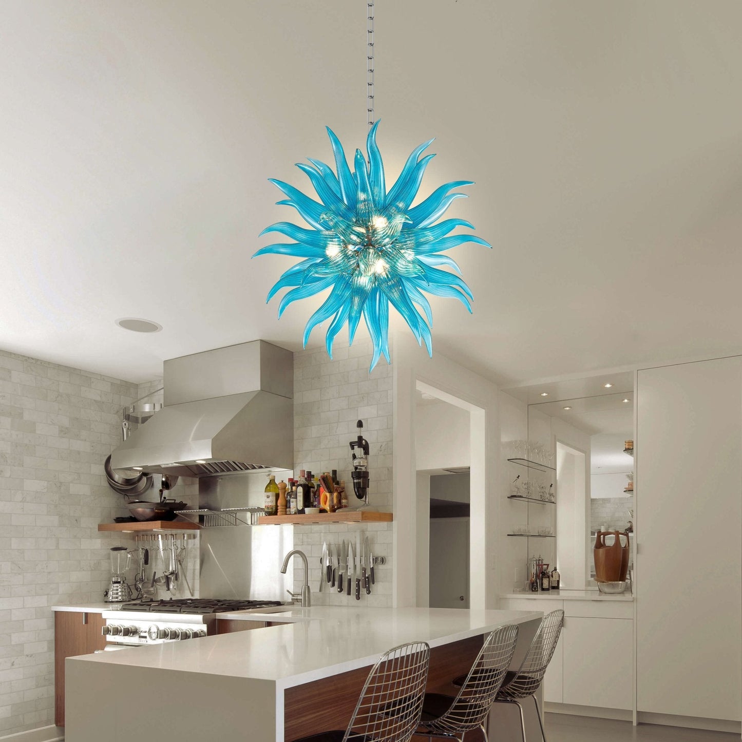 Modern Aqua Pazzo Blown Glass Chandelier, offering a dynamic blend of bright aqua tones for a statement lighting piece.