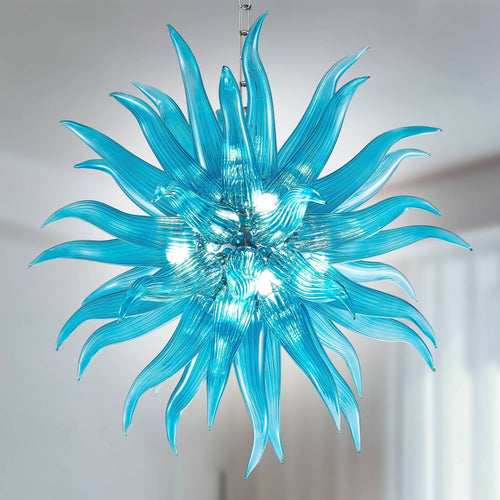 Modern Style Blown Glass Chandelier Aqua Pazzo, featuring vibrant aqua hues for a bold and contemporary look.