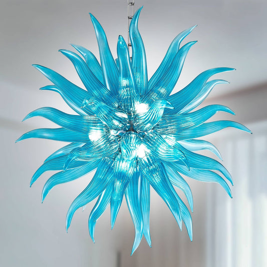 Modern Style Blown Glass Chandelier Aqua Pazzo, featuring vibrant aqua hues for a bold and contemporary look.
