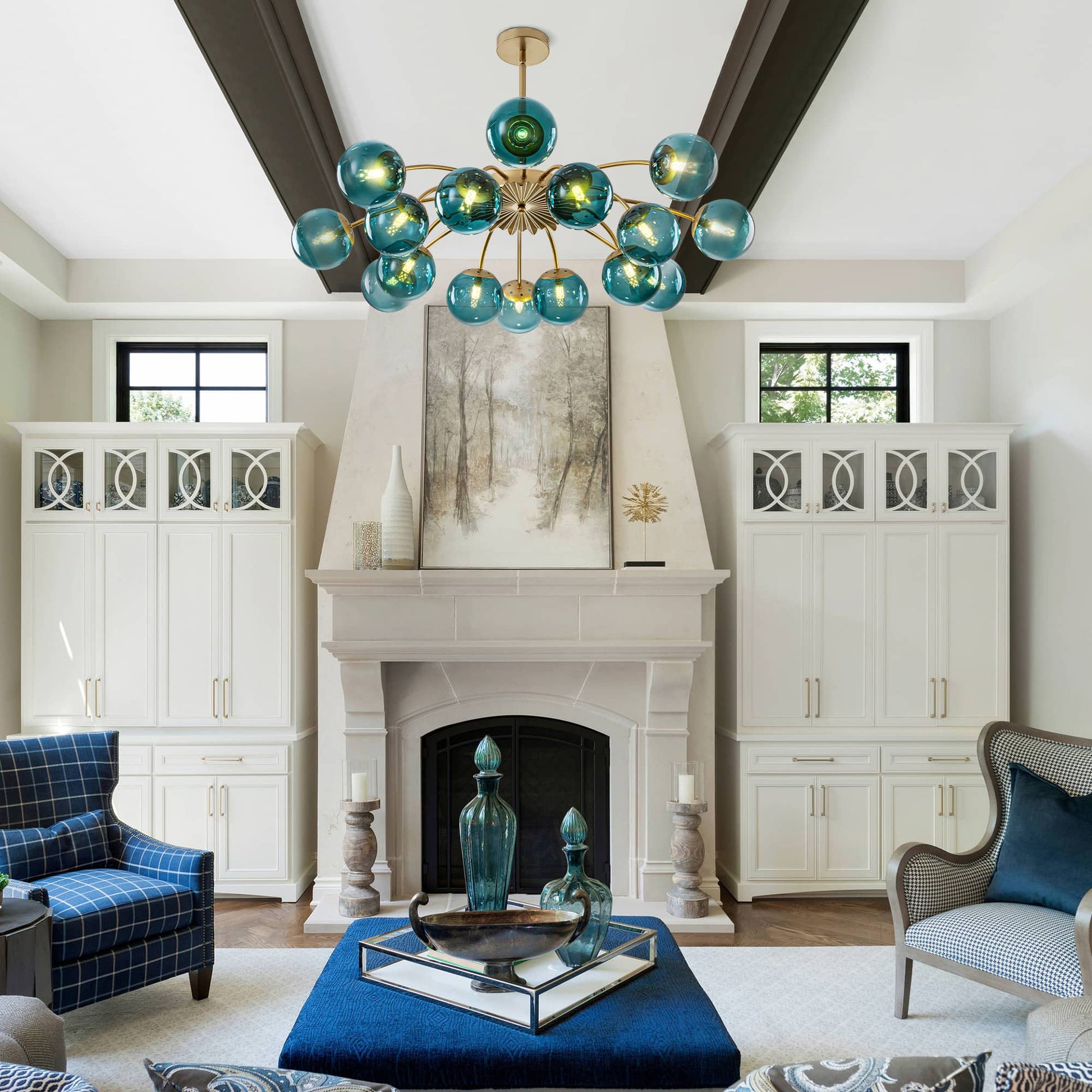 Modern Teal Glass Globe Chandelier for High Ceiling Living Room - LEDLIGHTHUB