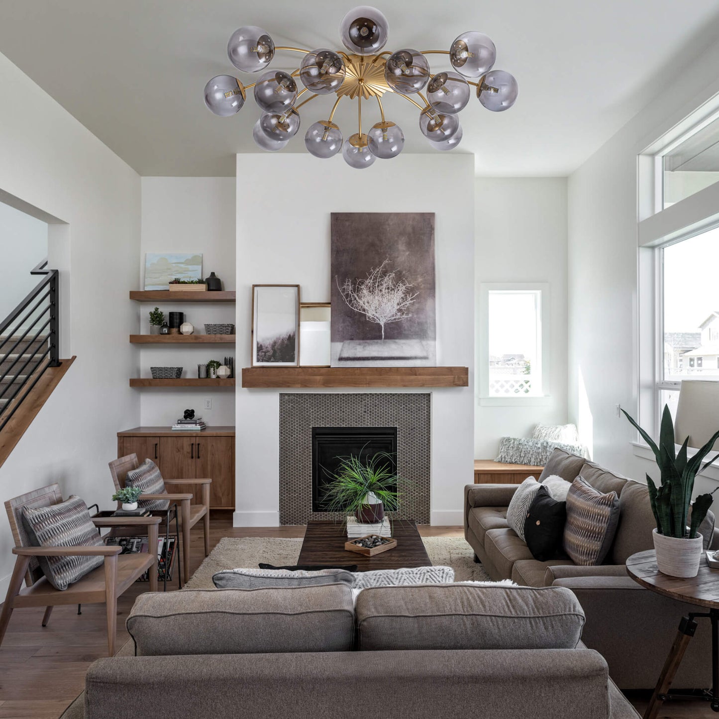 Smoke Gray Glass Chandelier in Modern Farmhouse Living Room with Fireplace and Neutral Decor - LEDLIGHTHUB