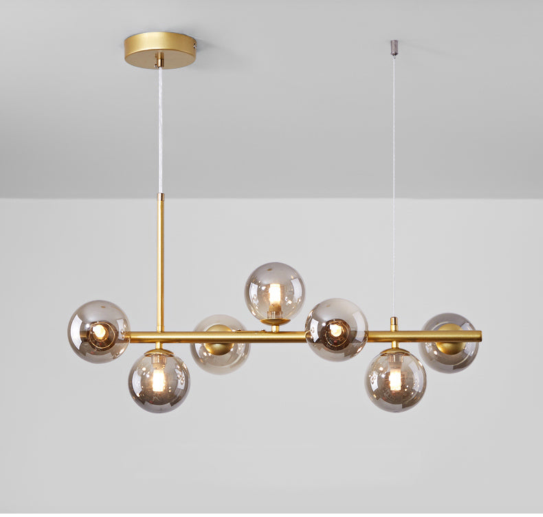 Modern Gold Linear Chandelier with Smoke Gray Glass Globes Detail - LEDLIGHTHUB