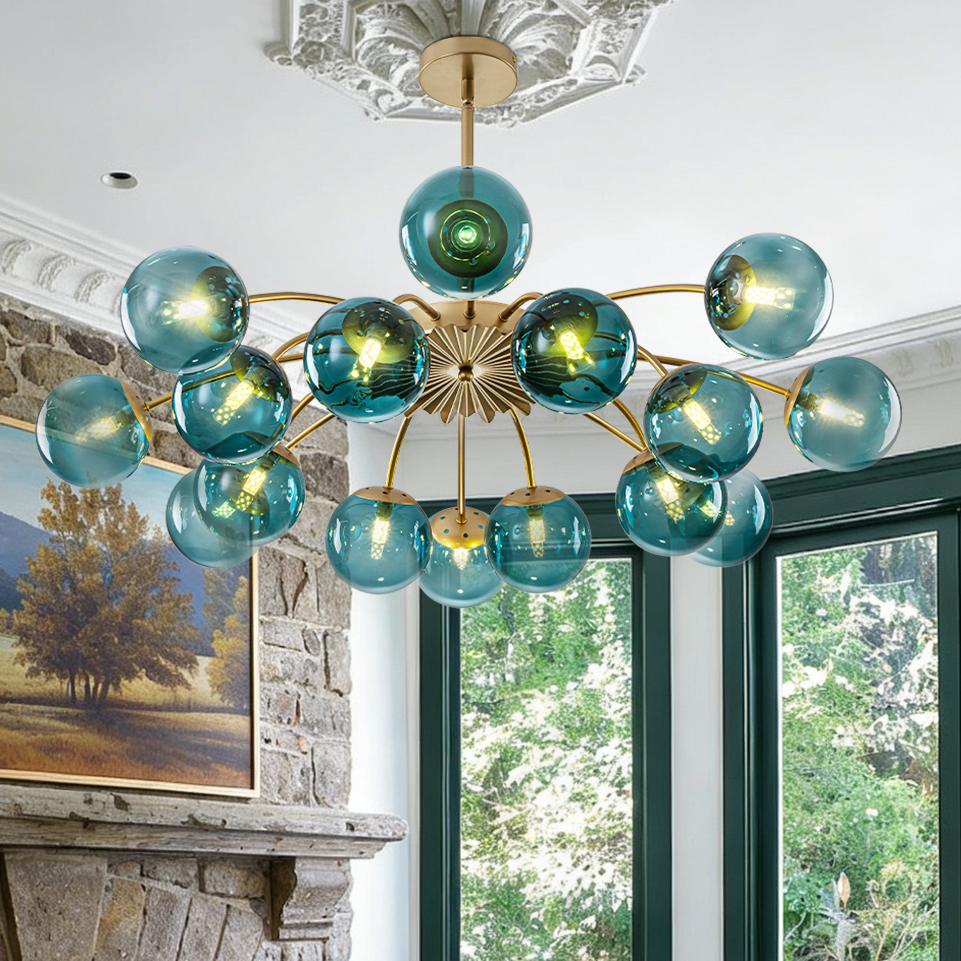 Close-up of Teal Glass Globe Chandelier in Rustic Living Room with Stone Fireplace and Garden View - LEDLIGHTHUB