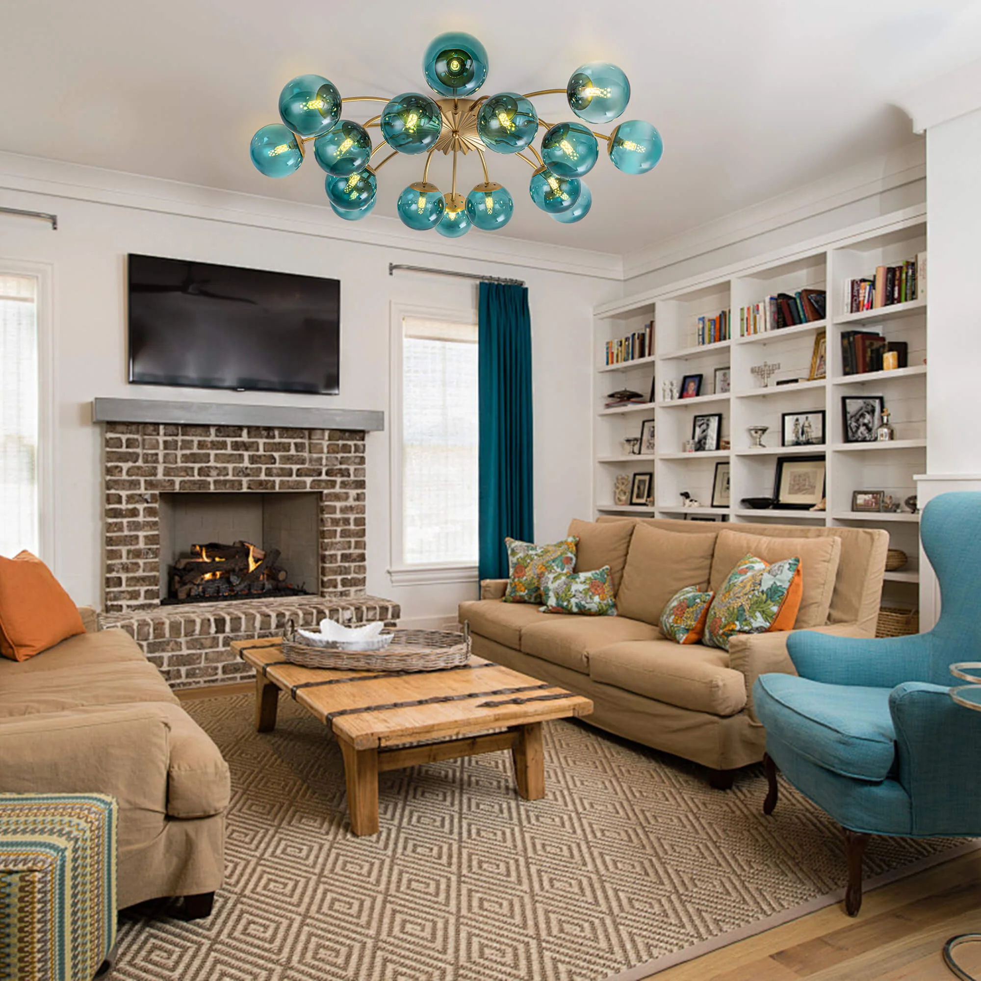 teal glass globe chandelier in living room