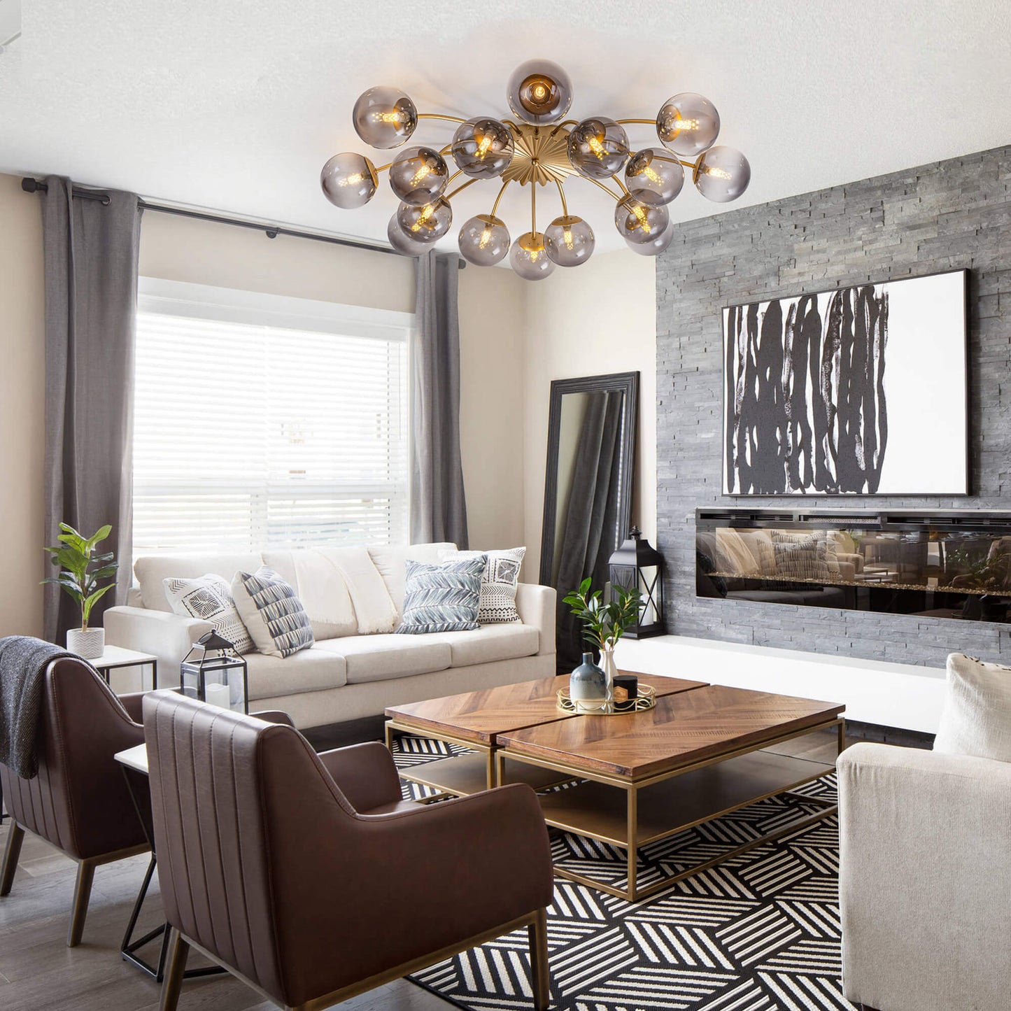 Warm Brass and Smoke Glass Lighting for Traditional Family Room - LEDLIGHTHUB